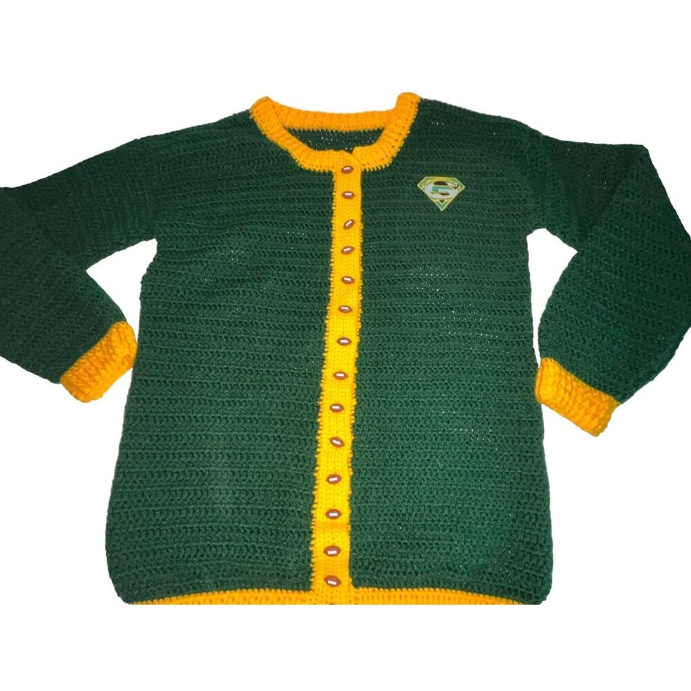 Football Game Day Sweater Green Bay Packers XXL Green Handmade Crochet OOAK